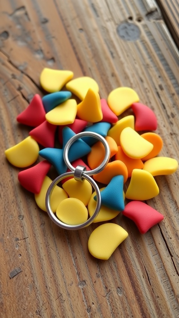 Miniature polymer clay potato chips keychain on a wooden surface.